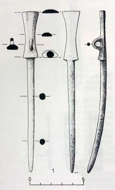 Dibujo de la aguja. En "El castro de la Campa Torres. Periodo Prerormano"