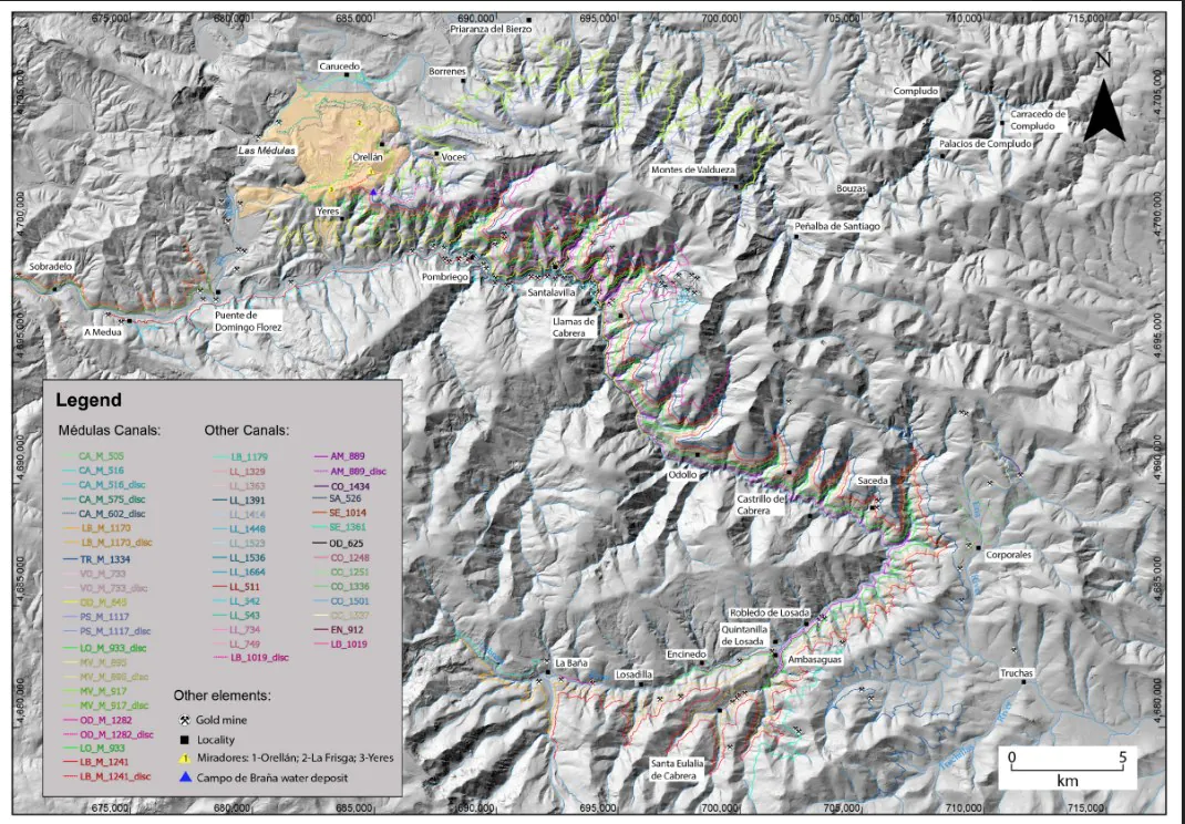 Mapa del sistema de canales de las Médulas tras el estudio.
