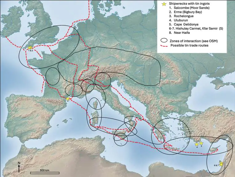 Posibles rutas comerciales en cadena desde el suroeste de Gran Bretaña hasta el Mediterráneo oriental a través de zonas de interacción intensa definidas arqueológicamente hacia el 1300 a.C. Elaboración por los autores del estudio.
