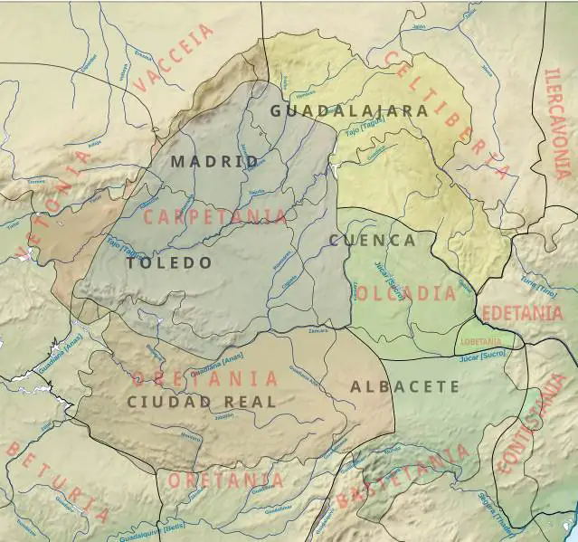 Territorios prerromanos de Madrid y Castilla-La Mancha marcados sobre la actual división provincial. Autor: Paulusburg.