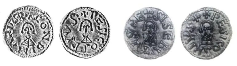 Trientes de Gundemaro (izquierda) y Sisebuto (derecha), únicos ejemplares acuñados en Pésicos.Triente de Gundemaro, 1,52 g, 18 mm: A/ + GONDIMARVS R(ex). Busto de frente. R/ + PESICOS PIVS. Busto de frente (Colección de la Casa Bancária Almeida, Basto & Piombino & Cia., Lisboa). Triente de Sisebuto, 1,45 g, 18 mm: A/ + SISEBVTVS RE(x). Busto de frente. R/ + PESICOS PIVS +. Busto de frente (Museo Arqueológico Nacional, Madrid; perdida).En González García, 2021