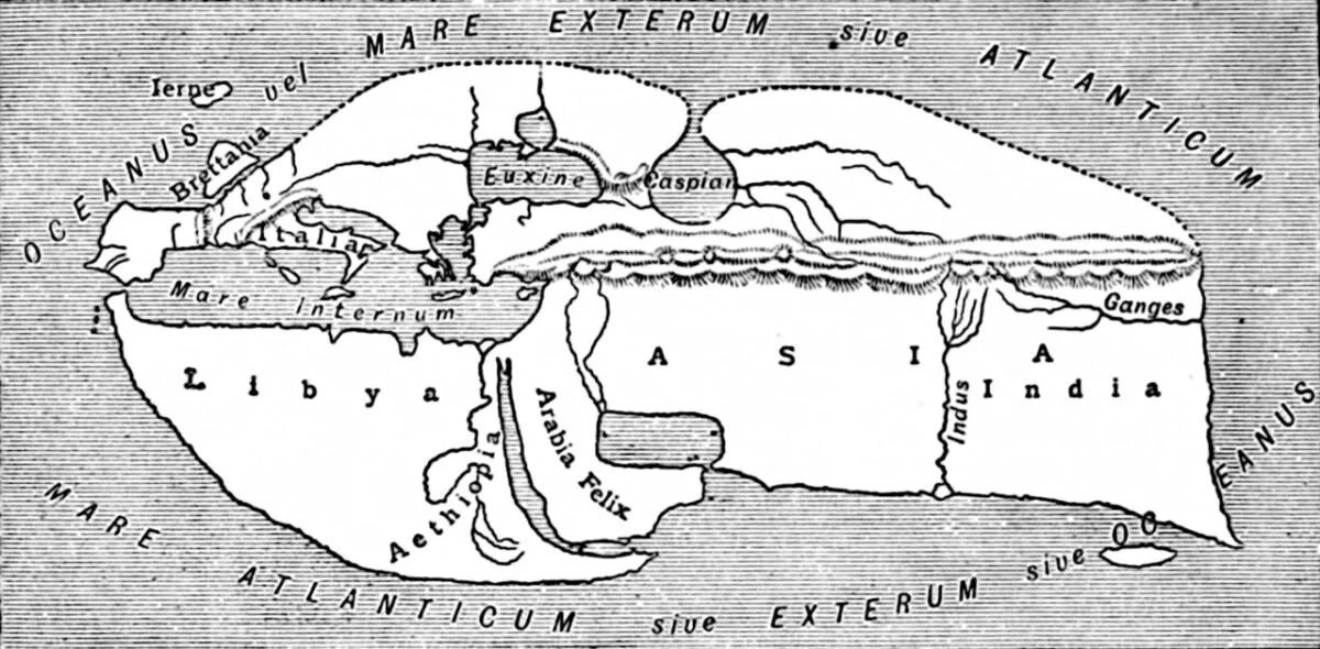Mapa del mundo según la geografía de Estrabón. Fuente Encyclopaedia Biblica, 1903. CC