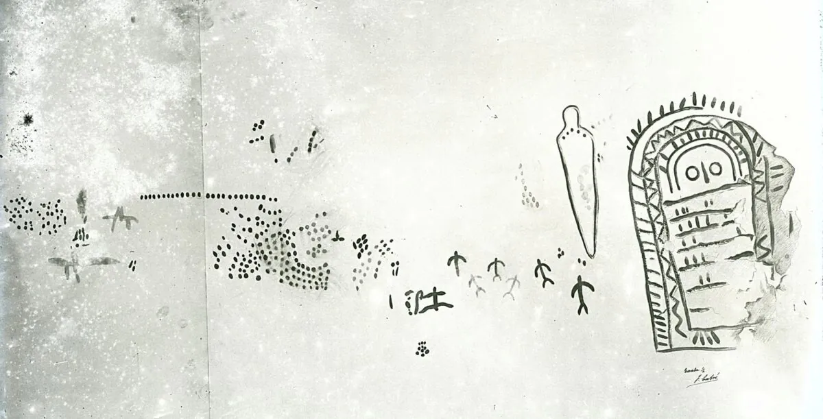 Dibujo original de Juan Cabré Aguiló del conjunto de Peña Tú (1914). Fototeca del Patrimonio Histórico. Archivo de Juan Cabré. Ministerio de Educación, Cultura y Deporte.
