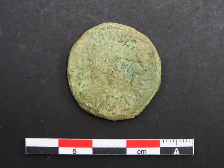 As de Tiberio acuñado en Calagurris, con resello de cabeza de Águila. Campa Torres. Foto de Museos Arqueológicos de Gijón / Xixón