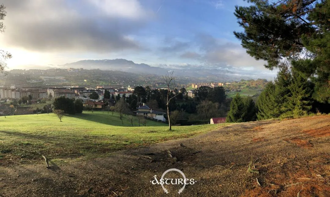 Vistas desde el asentamiento. Oviedo a los pies del Naranco y al fondo la sierra del Aramo.