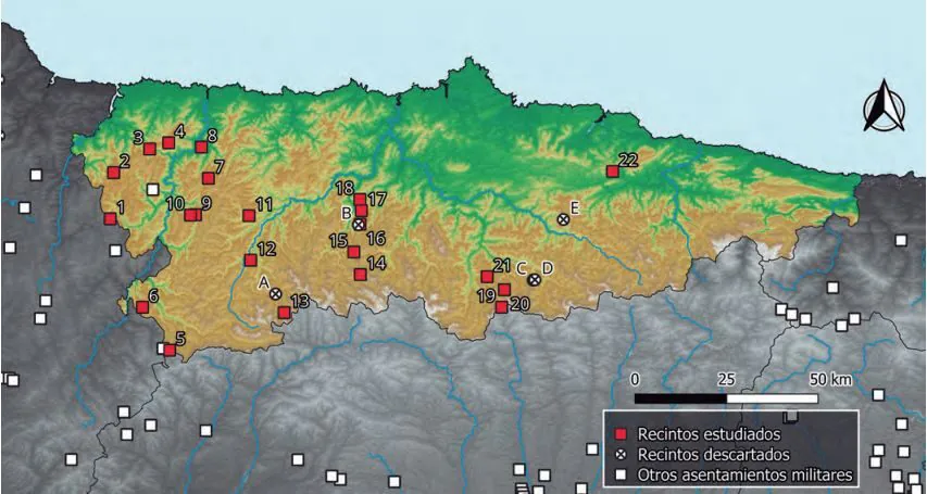 Mapa de campamentos romanos en Asturias. Elaboración por los autores del artículo.
